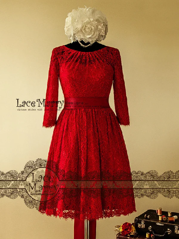 Excellent Knee Length Red Lace Wedding Dress