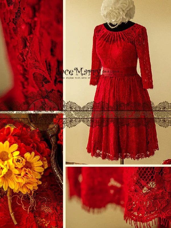 Excellent Knee Length Red Lace Wedding Dress