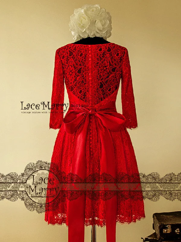 Excellent Knee Length Red Lace Wedding Dress