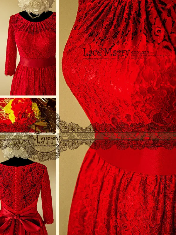 Excellent Knee Length Red Lace Wedding Dress