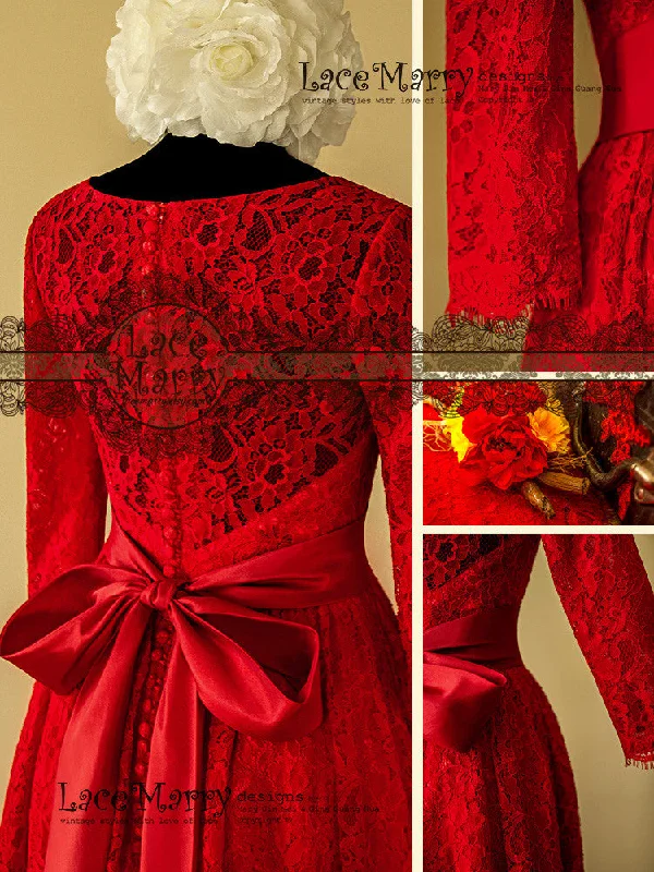 Excellent Knee Length Red Lace Wedding Dress