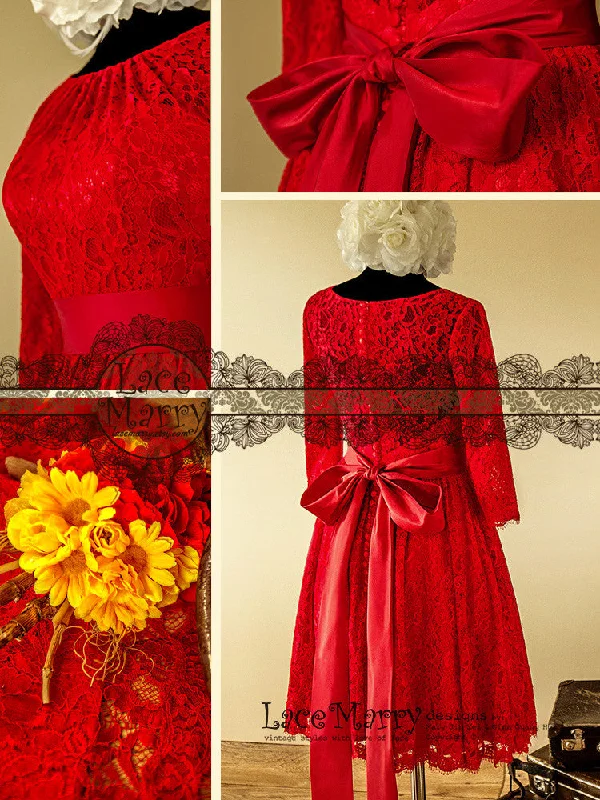 Excellent Knee Length Red Lace Wedding Dress