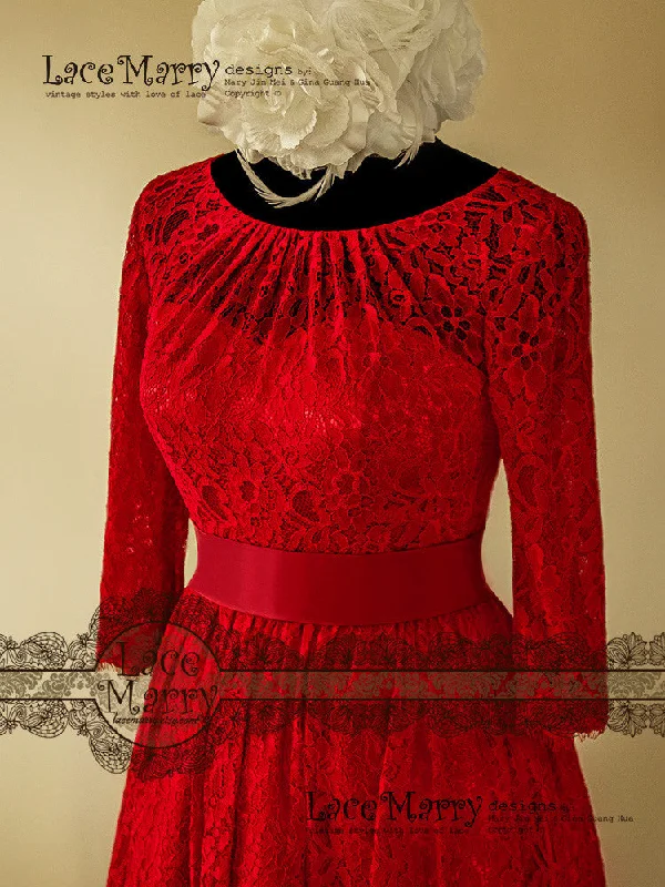 Excellent Knee Length Red Lace Wedding Dress