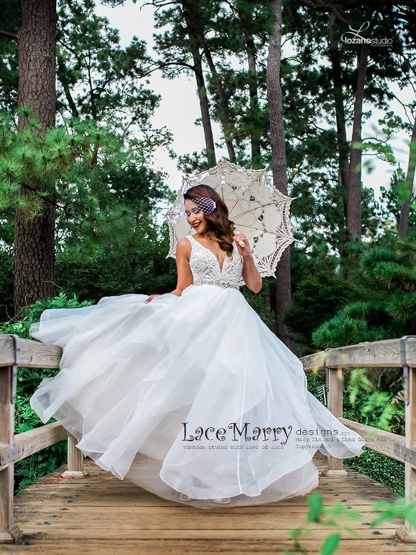 Airy A Line Wedding Dress with Lace Top with Deep V