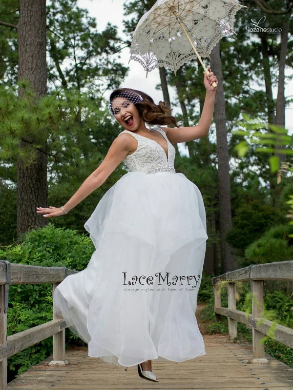 Airy A Line Wedding Dress with Lace Top with Deep V