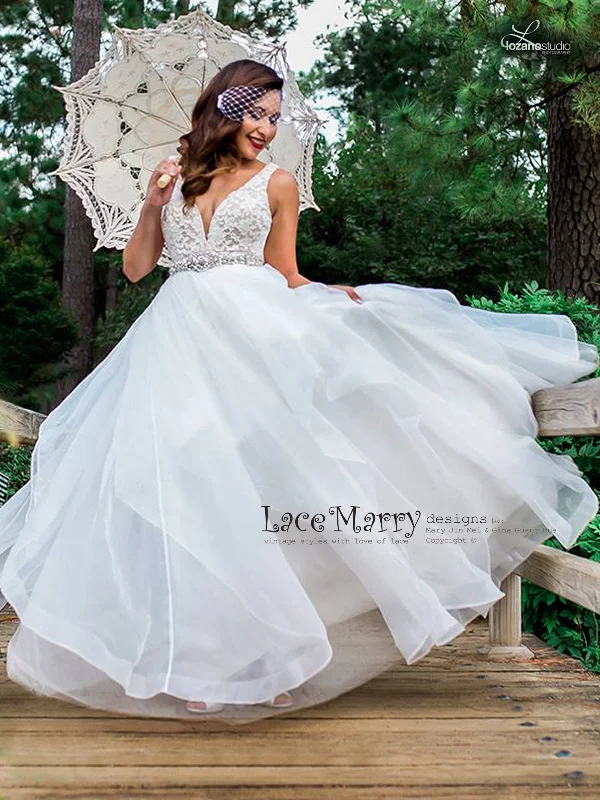 Airy A Line Wedding Dress with Lace Top with Deep V