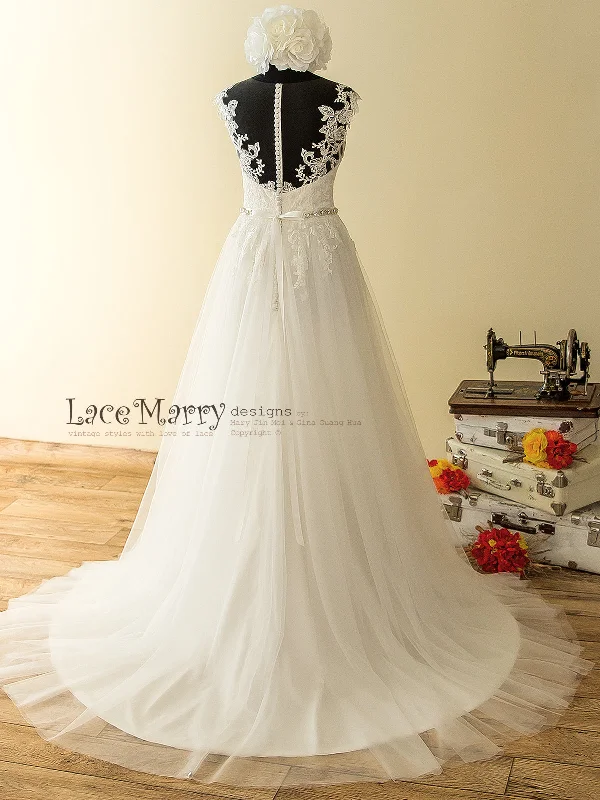 Ivory Boho Summer Wedding Dress with Airy Tulle Skirt