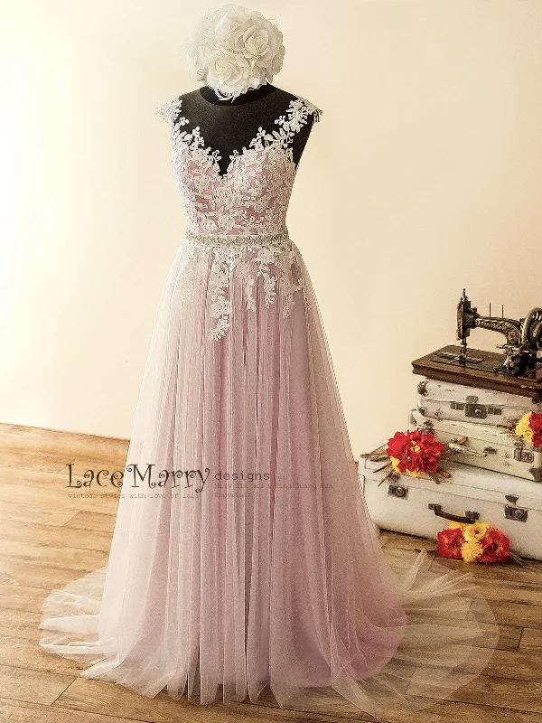 Lilac Underlay Boho Wedding Dress with Illusion Neckline