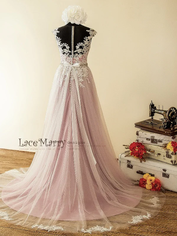 Lilac Underlay Boho Wedding Dress with Illusion Neckline