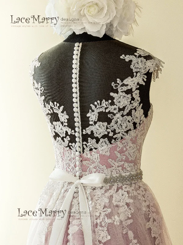 Lilac Underlay Boho Wedding Dress with Illusion Neckline