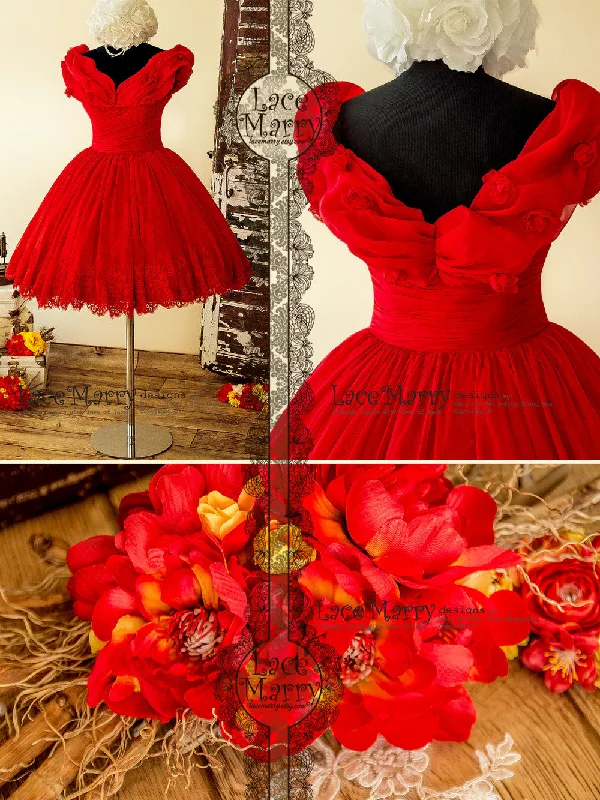 Princess Short Red Dress with Off Shoulder Organza Top