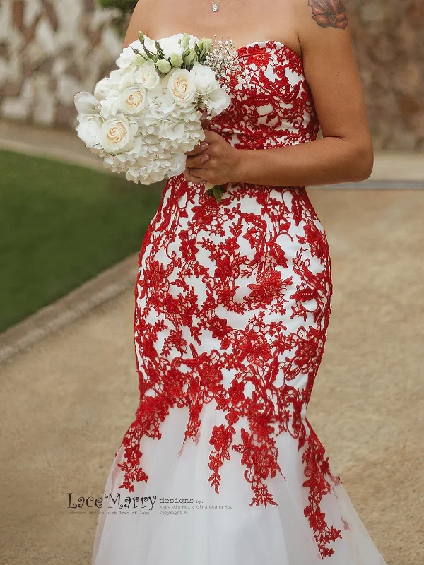 Red Lace Wedding Dress with Ivory Tulle