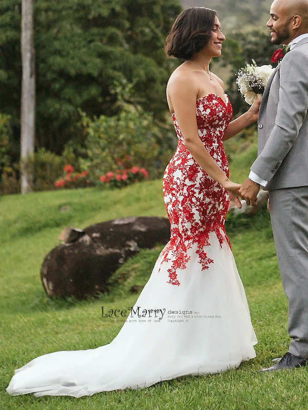 Red Lace Wedding Dress with Ivory Tulle