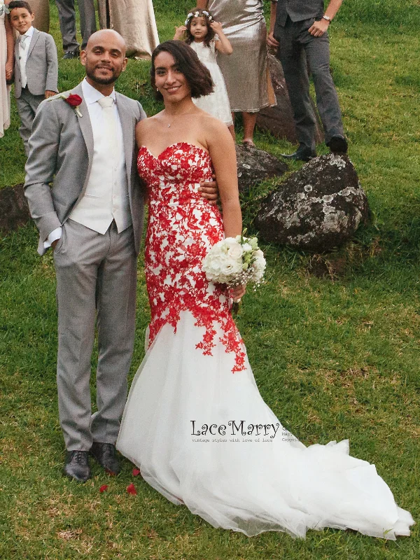 Red Lace Wedding Dress with Ivory Tulle