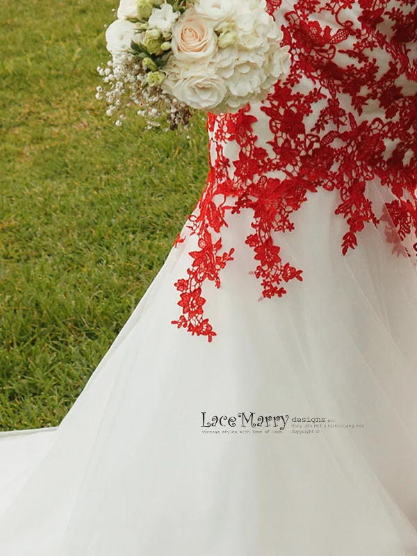 Red Lace Wedding Dress with Ivory Tulle