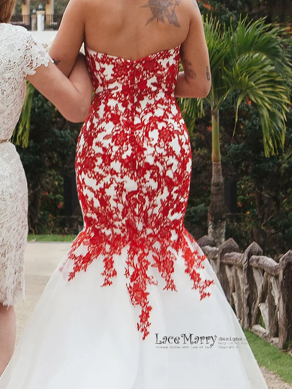 Red Lace Wedding Dress with Ivory Tulle