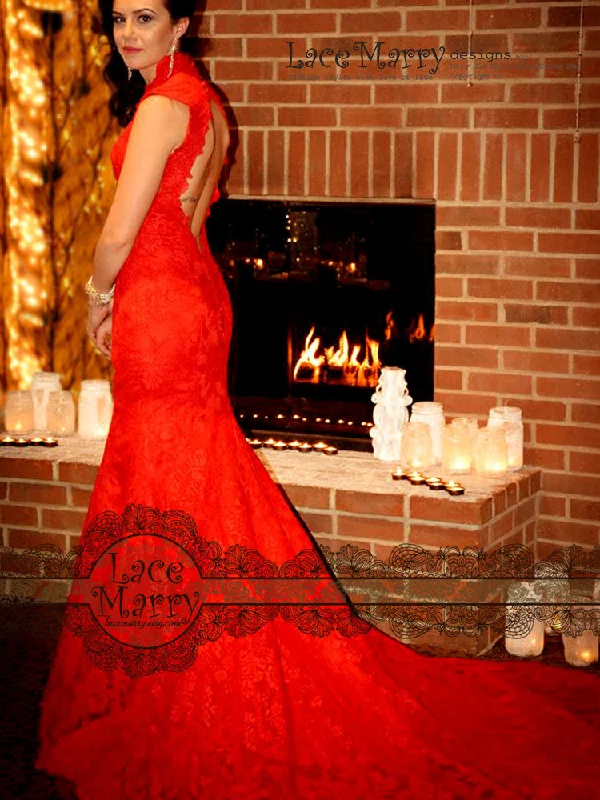 Red Lace Wedding Dress with Open Back Keyhole