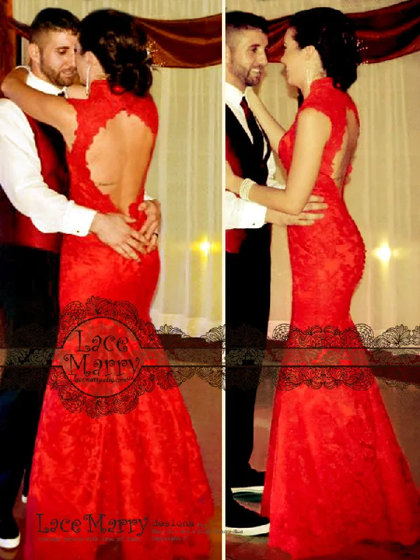 Red Lace Wedding Dress with Open Back Keyhole