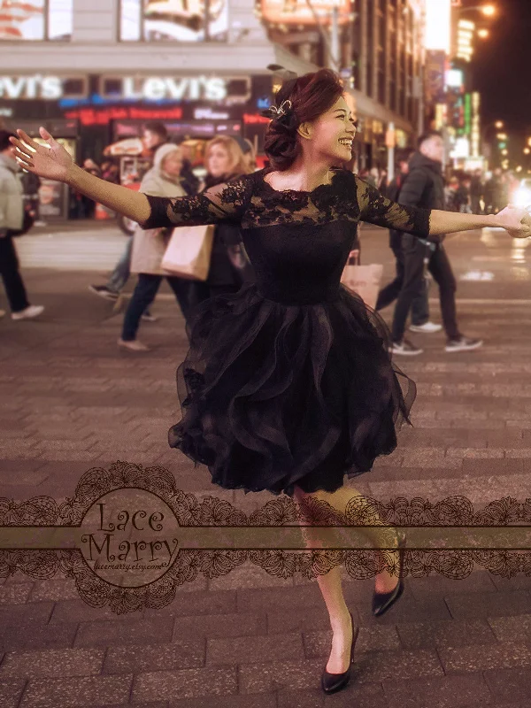 Ruffled Lace Wedding Dress in Black Color