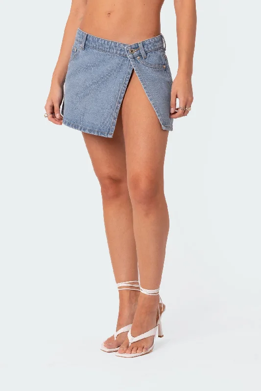 Slitted Denim Wrap Mini Skirt