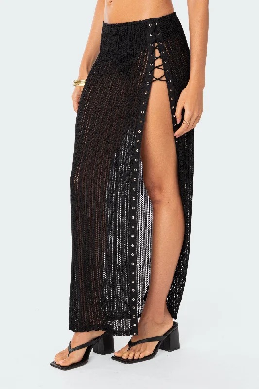 Lucea Lace Up Sheer Knit Maxi Skirt