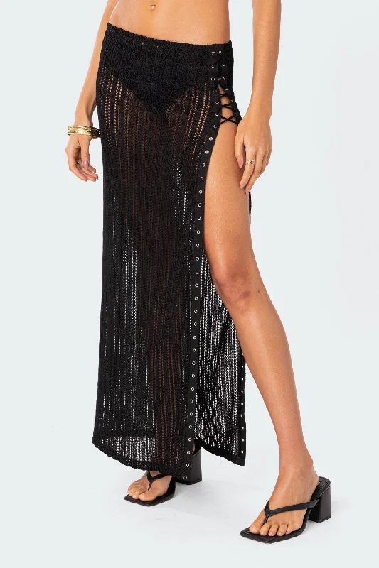 Lucea Lace Up Sheer Knit Maxi Skirt