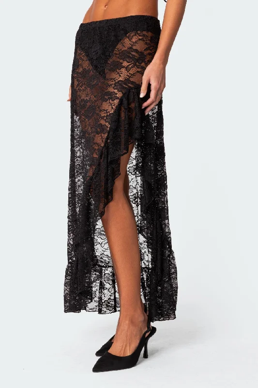 Asymmetric Ruffle Sheer Lace Maxi Skirt