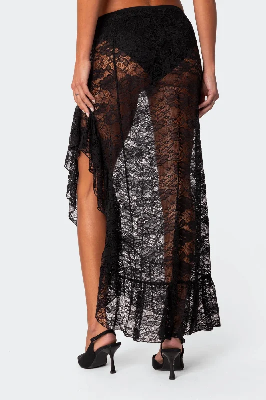 Asymmetric Ruffle Sheer Lace Maxi Skirt