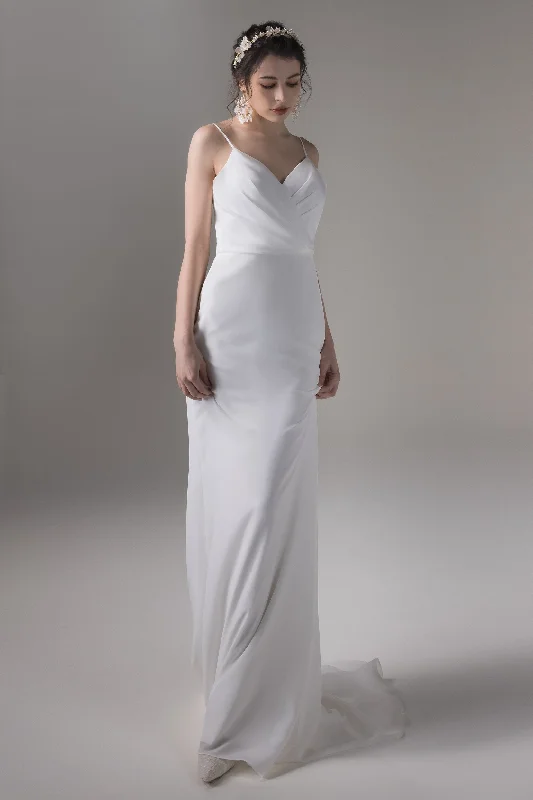 Sheath-Column Court Train Satin Chiffon Wedding Dress CW2656