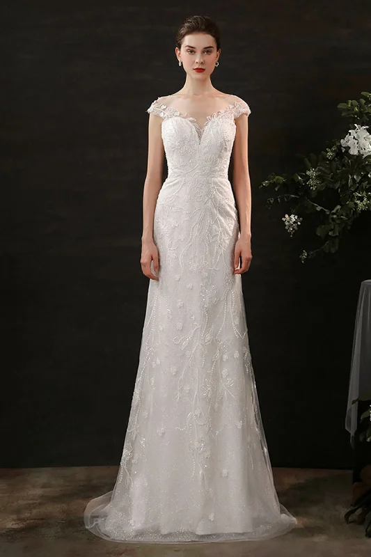 Sheath Sweep-Brush Train Lace Tulle Wedding Dress CW2700