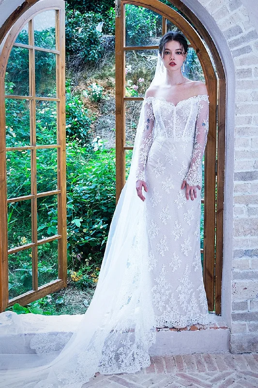 Trumpet-Mermaid Court Train Lace Tulle Wedding Dress CW3062