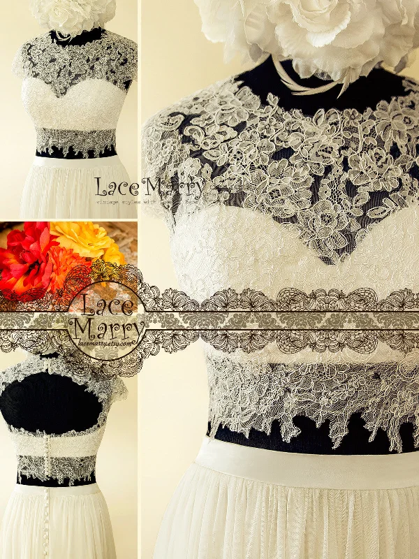 Two Piece Wedding Dress, Sheer Lace Crop Top with Bustier