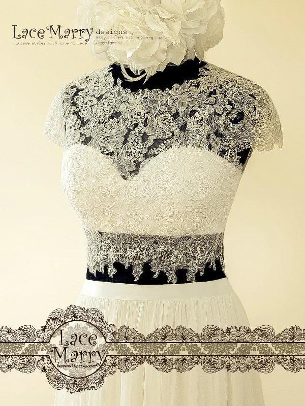 Two Piece Wedding Dress, Sheer Lace Crop Top with Bustier