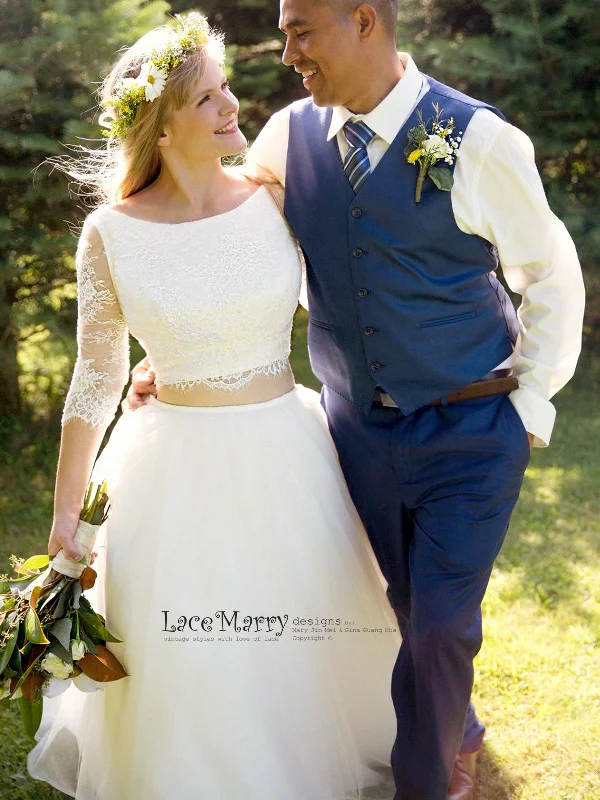 Two Piece Wedding Dress Set, Lace Crop Top with Round Neckline