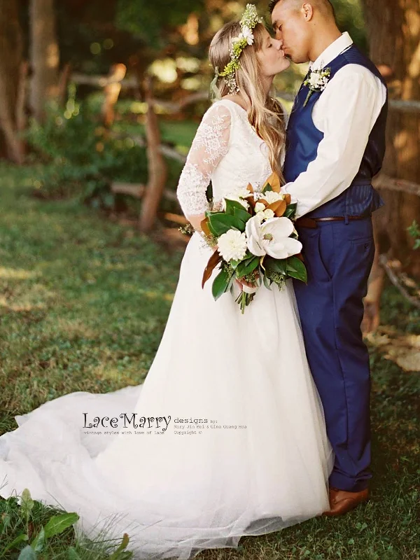 Two Piece Wedding Dress Set, Lace Crop Top with Round Neckline