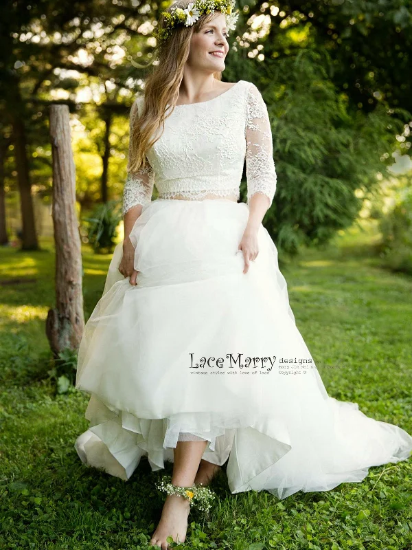 Two Piece Wedding Dress Set, Lace Crop Top with Round Neckline