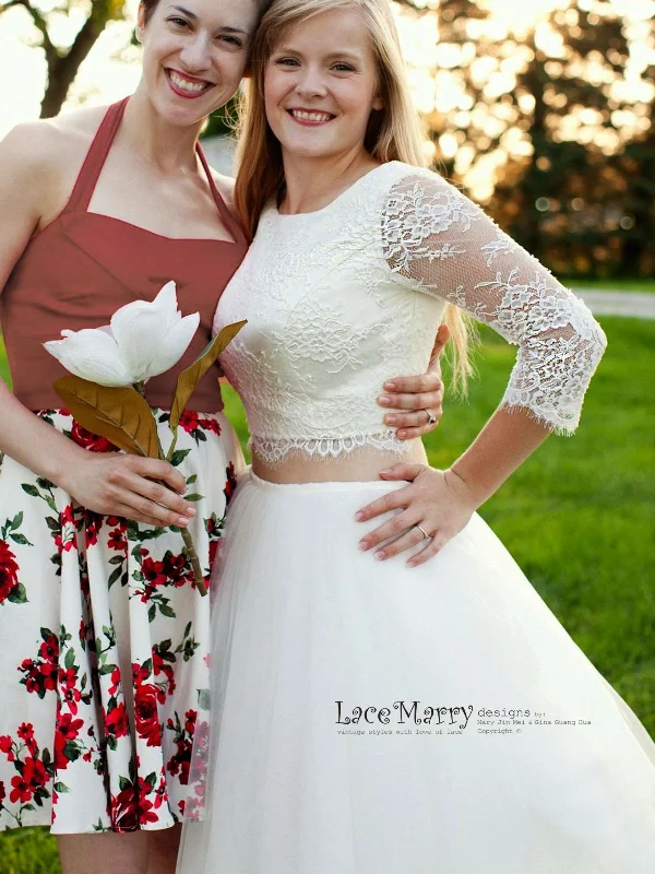 Two Piece Wedding Dress Set, Lace Crop Top with Round Neckline