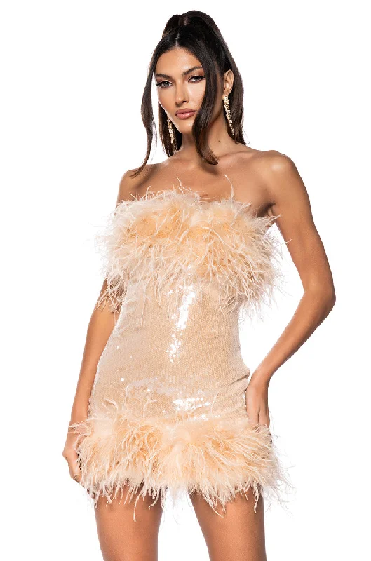 BON ANNIVERSAIRE FEATHER TRIM SEQUIN MINI DRESS