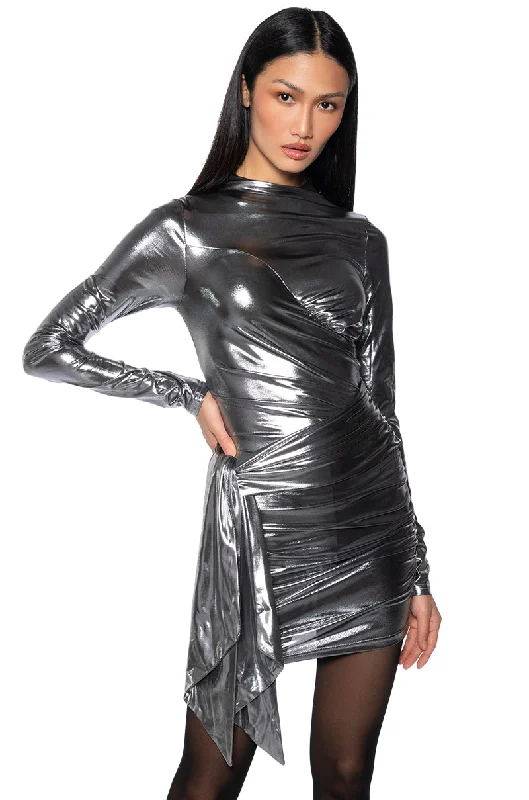 DRIPPED IN CHROME RUCHED MINI DRESS