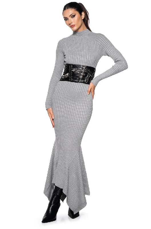 FORGET ME NOT LONG SLEEVE MOCK NECK MAXI DRESS IN HEATHER GREY