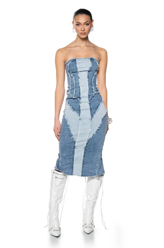 LAYLA DENIM PATCHWORK MIDI DRESS