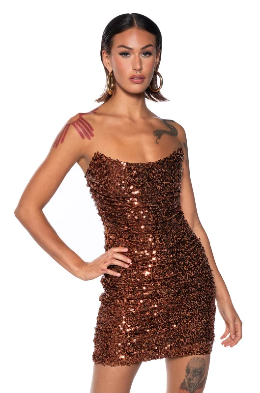 MAYA SEQUIN STRAPLESS MINI DRESS IN BROWN