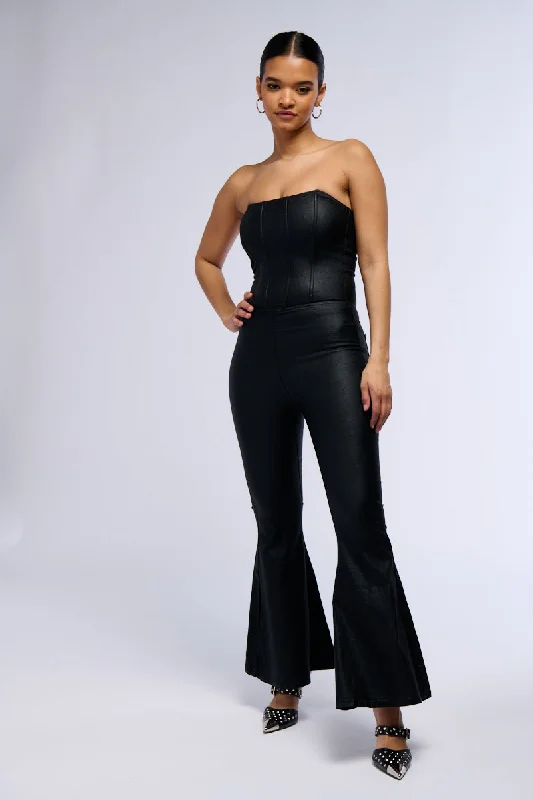 MELODY FLARE LEG FAUX LEATHER JUMPSUIT