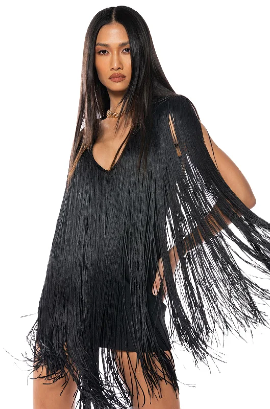 STEVIE DEEP V BANDAGE WITH FRINGE MINI DRESS