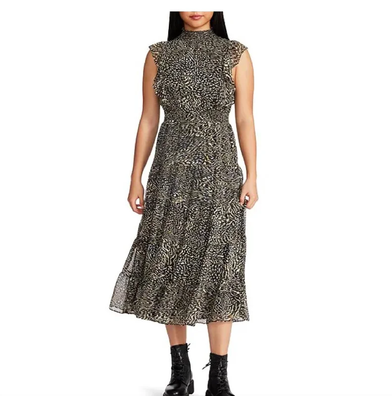 Get Ready to Save!Anna Animal Print Mock Neck Ruffle Cap Sleeve A-Line Midi Dress In Black