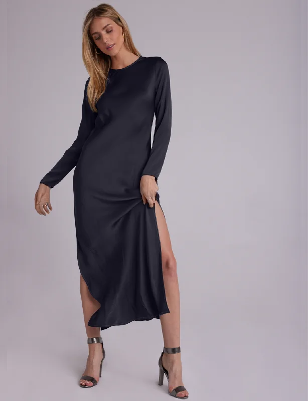 Save More When You Shop More!Bias Long Sleeve Slip Dress, Black