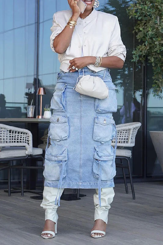 Special Offer – Act Fast!Blue Gradient Denim Stylish Multi Pocket Skirt