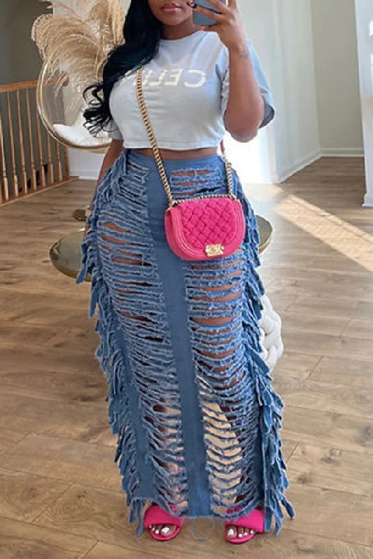 Shop More, Spend Less!Blue Ripped Denim Hyperbolic Side Tassel Skirt