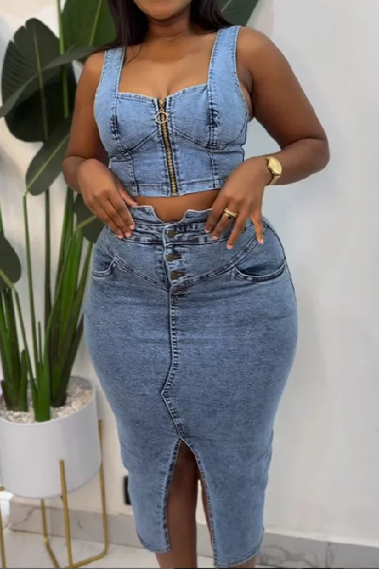 Shop Now and Save!Blue Washed Denim Sleeveless Smart Mid Split Skirt Suit