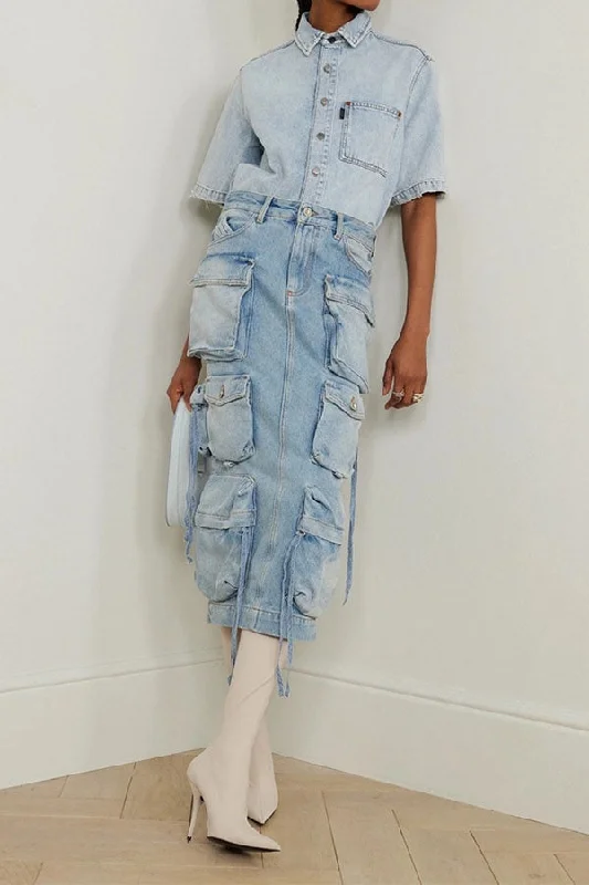 Unmissable Offers Await!Blue Washed Denim Stylish Multi Pocket Skirt